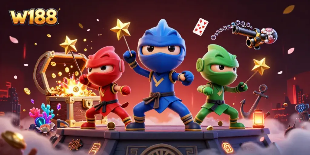 Engage in thrilling gameplay at w188 with vibrant chameleon ninjas showcasing their skills amidst exploding treasures.