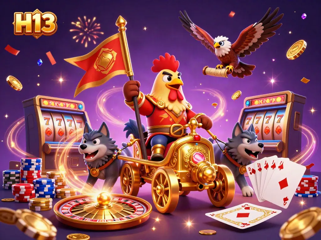 Engaging scene with H13 featuring a cartoon rooster warlord in a golden chariot surrounded by casino elements.