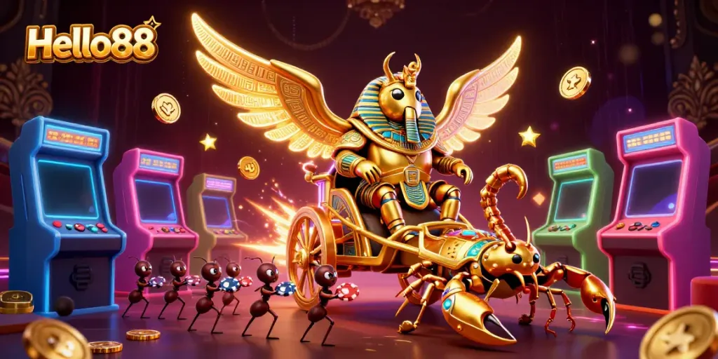Experience the thrilling dimensions of Hello88 with dynamic casino elements and characters in action.