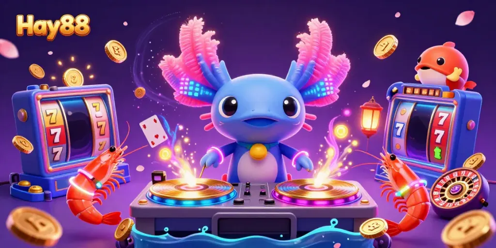 Join the fun at Hay88 Casino with neon DJ axolotl spinning and vibrant slot games!