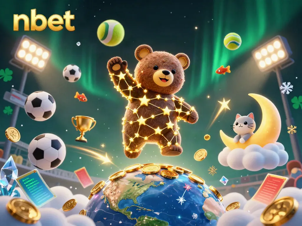 Experience thrilling winnings with nbet illustrated by a fun constellation bear amidst vibrant sports elements.