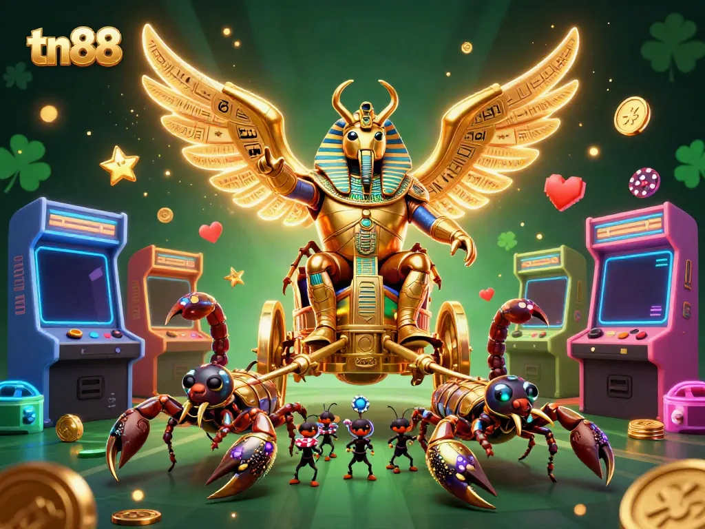 Engage in tn88 gaming with a vibrant casino-themed illustration featuring a golden scarab and scorpions.