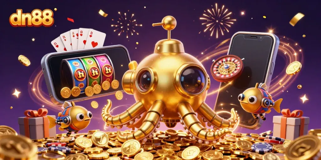 Bet big with dn88's captivating 3D scene showcasing a kraken submarine and slot gaming fun.