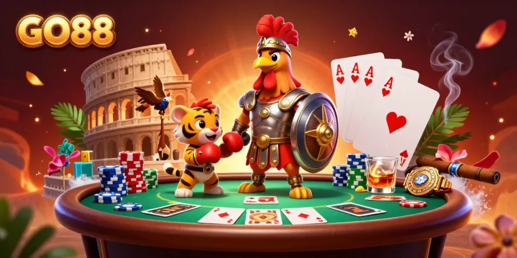 Experience thrilling poker action at GO88 with an epic scene featuring animated gladiators and poker elements.