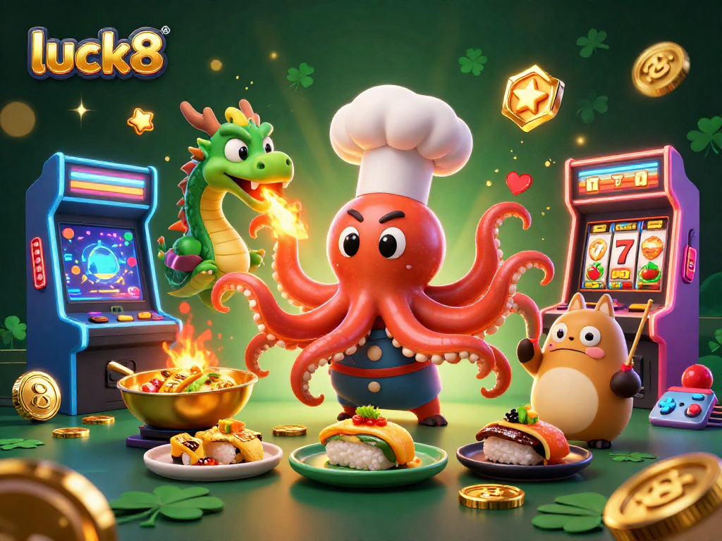 Engage in vibrant gaming at luck8 with a dynamic scene featuring colorful characters and slot elements.