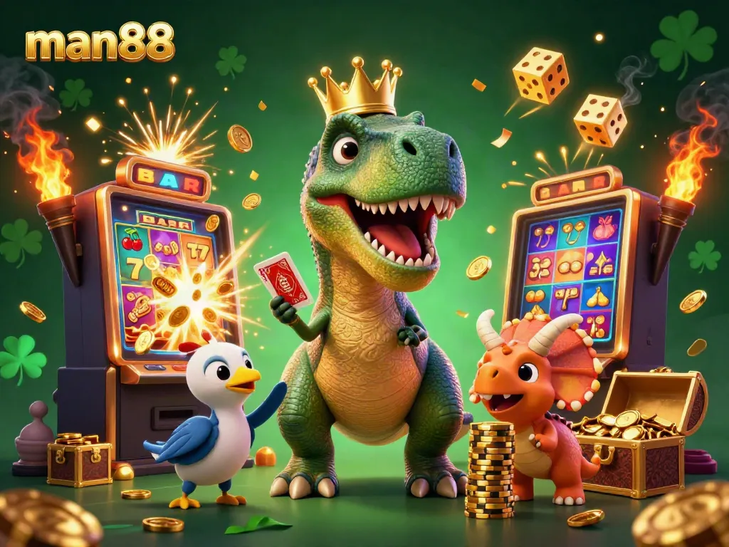 Experience the excitement of man88 in a dynamic casino illustration featuring a friendly T-Rex, pterodactyl assistant, and baby triceratops.