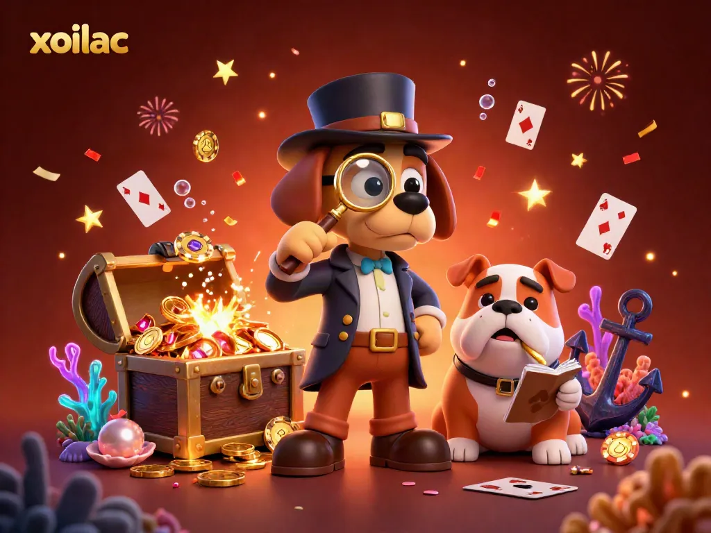 Experience the excitement of xoilac with a detective dog duo in a dazzling casino treasure scene.