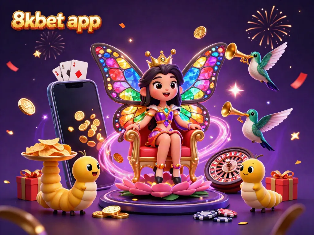 Engage with the vibrant 8xbet app scene showcasing a butterfly queen and casino themes.