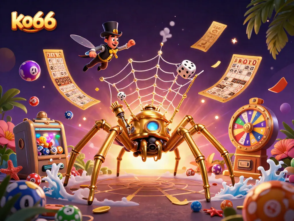 Experience thrilling gameplay with ko66 as a golden spider traps dice in its web.