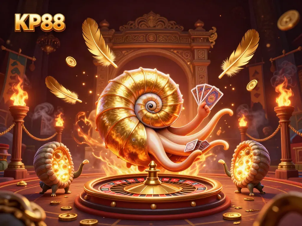 Experience excitement at KP88 with a dynamic scene of an ancient nautilus roulette and glowing ammonite companions amidst swirling golden elements.