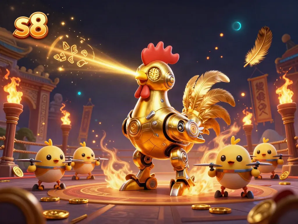 S8 casino gaming experience showcasing a futuristic golden rooster robot shooting lasers with baby chick drones.