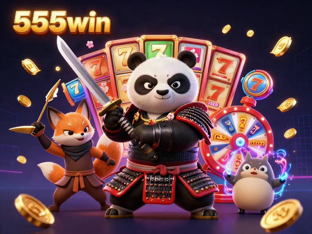 Engage with 555win's vibrant scene of a samurai panda and fox amidst swirling golden coins and slot machines.