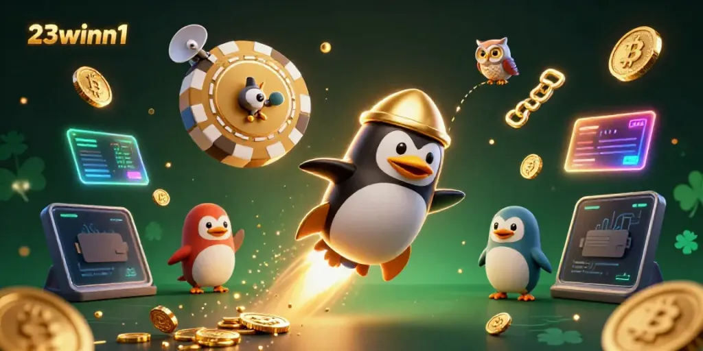Experience thrilling gaming at 23winn1 with a vibrant 3D illustration of a golden penguin and crypto elements.