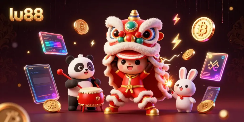 Experience thrilling action at LU88 with vibrant characters and neon crypto coins in a dynamic casino scene.
