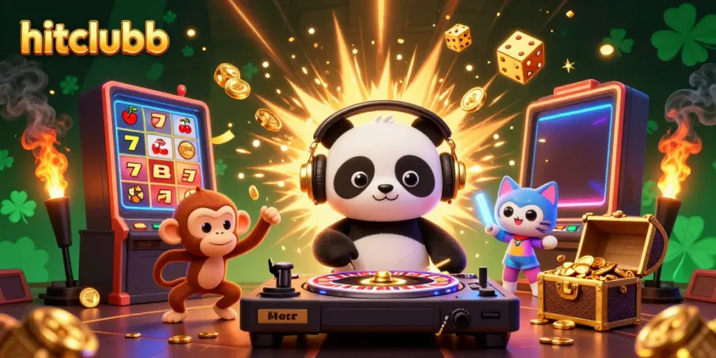 Experience hitclubb's dynamic casino atmosphere with a DJ panda, breakdancing monkey, and glow-stick kitten amidst vibrant gambling elements.