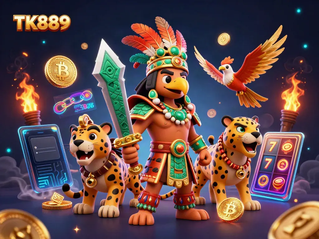 Experience thrilling gameplay at TK889 with Aztec warriors amidst vibrant crypto elements and slot symbols.