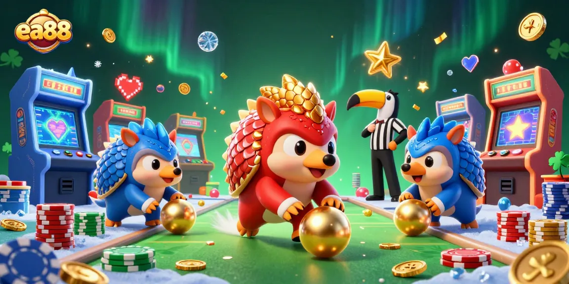 Engage in thrilling gameplay at ea88 as cartoon pangolins bowl through poker chips in a vibrant casino setting.