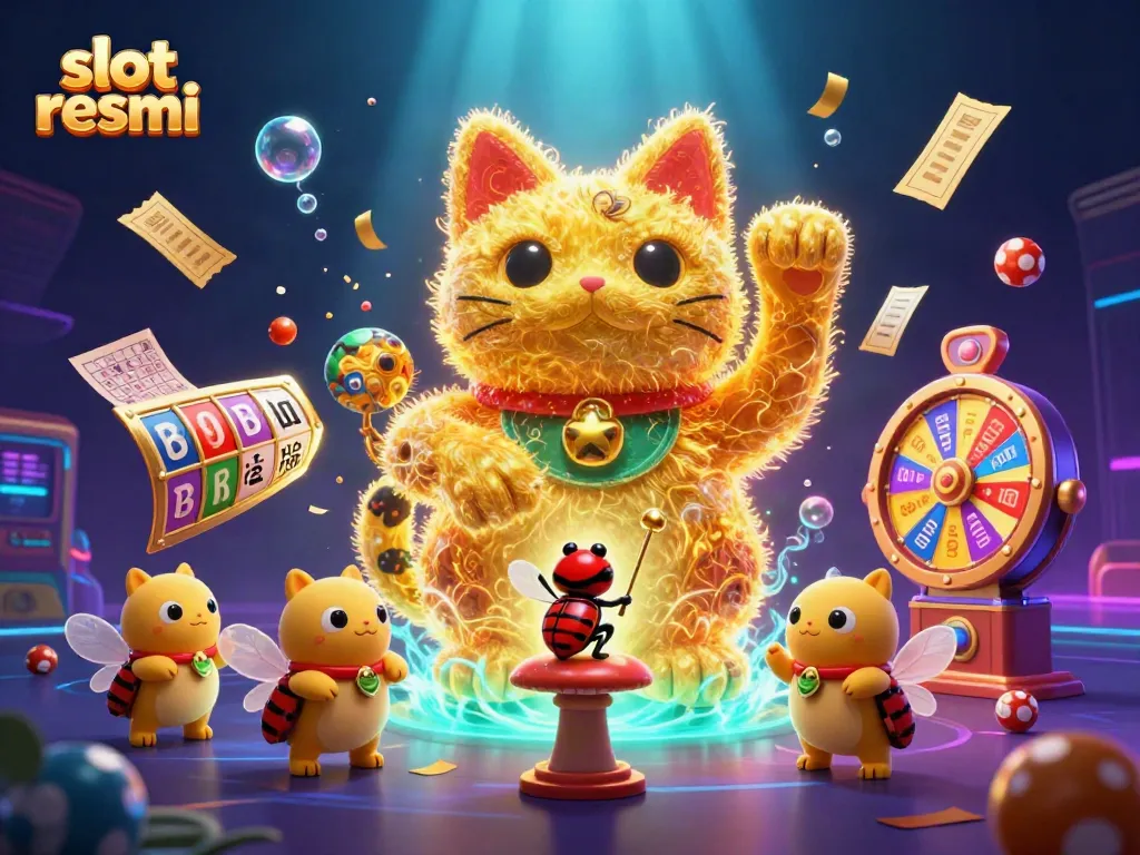 Experience dynamic gameplay with slot resmi as golden fireflies form a lucky cat amidst vibrant casino symbols.