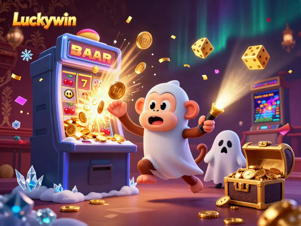 Engage with Luckywin's thrilling casino scene featuring playful characters and vibrant jackpot elements.