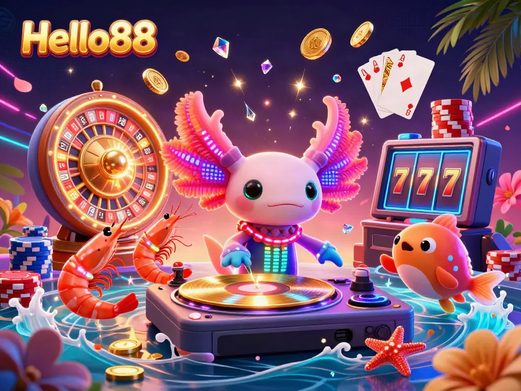 Hello88 players immerse in a vibrant underwater casino scene with neon characters and golden coins.
