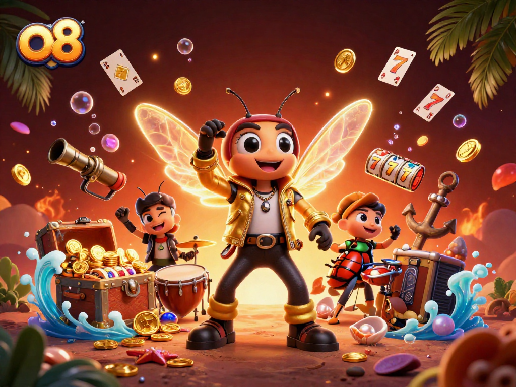 Experience thrilling gameplay at O8 with a vibrant scene featuring a rock star and exciting gambling elements.