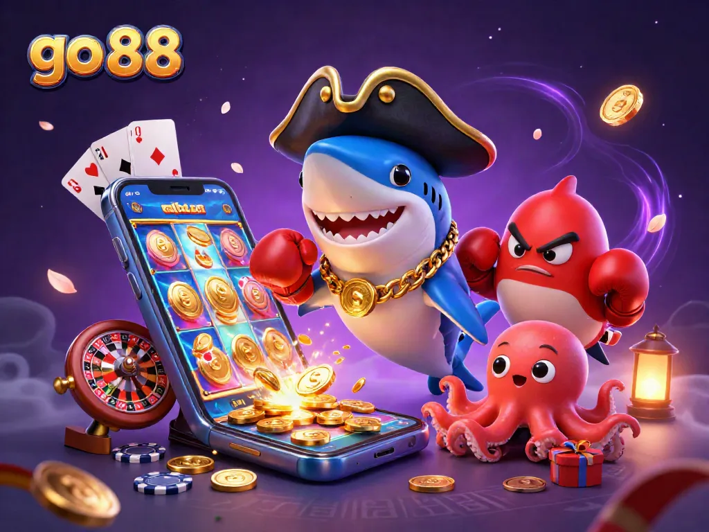 Win big at go 88 with a vibrant casino scene featuring cartoon shark, pufferfish, and octopus.