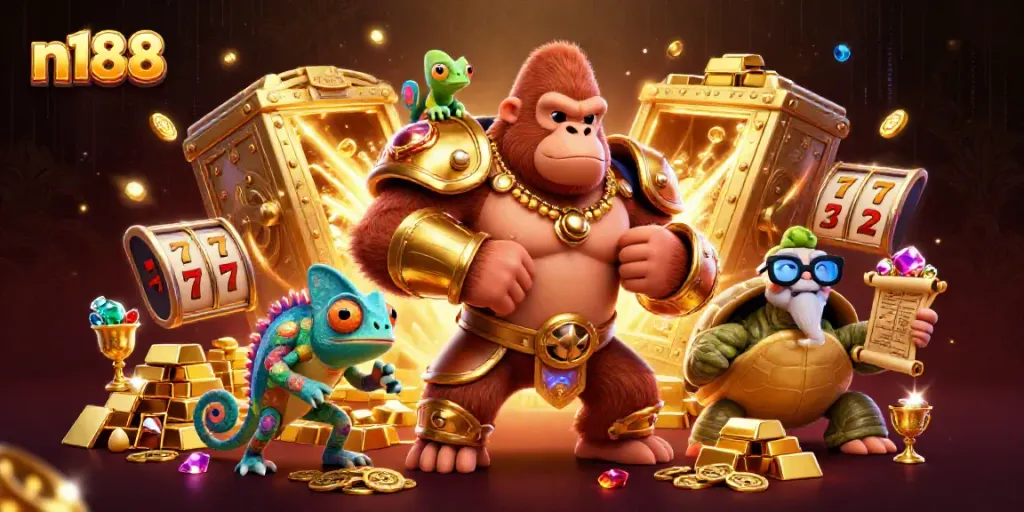 Experience n188's vibrant gaming world with a powerful gorilla king, treasure, and 3D elements.