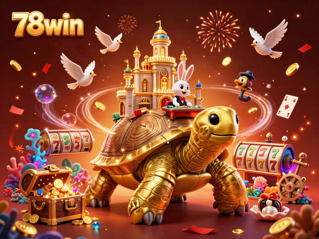 Experience the thrilling casino adventure at 78win with a golden tortoise and vibrant game elements.