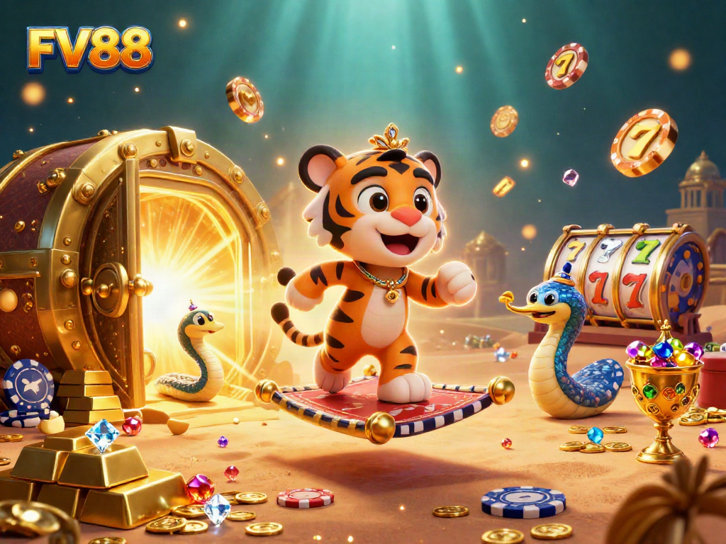 Spin the reels in FV88's casino treasure scene, featuring vibrant celebrations of gameplay!
