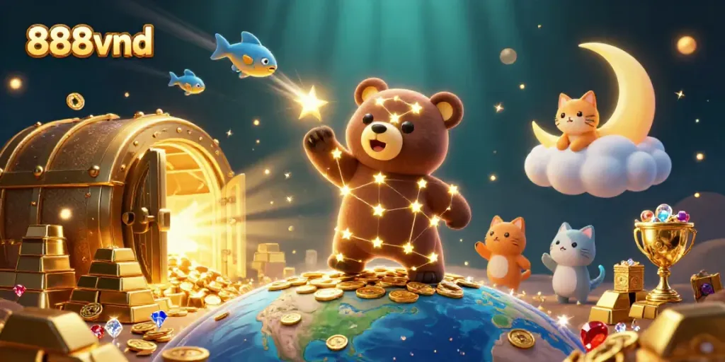 Experience the thrill of winning at 888vnd with a sparkling casino-themed illustration showcasing rich treasures.