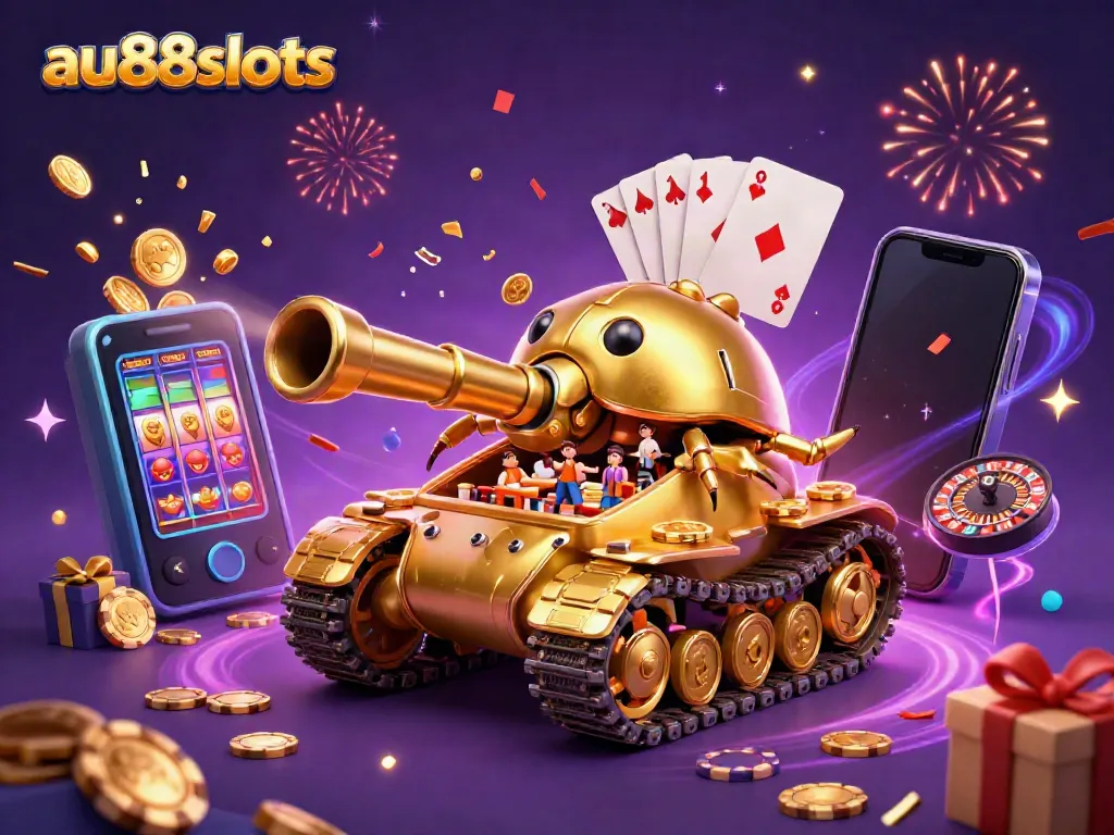 Experience thrilling gaming at au88slots with a vibrant 3D casino scene featuring dynamic characters and games.