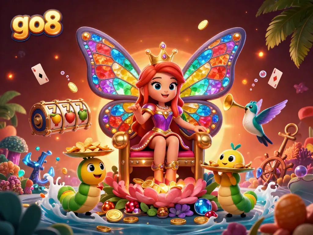 Play with go8 in this vibrant casino scene featuring a butterfly queen and animated elements.