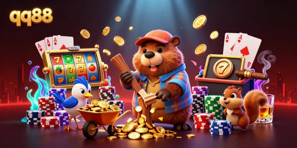 Experience thrilling gameplay with qq88, featuring cartoon beaver and vibrant slot reels.