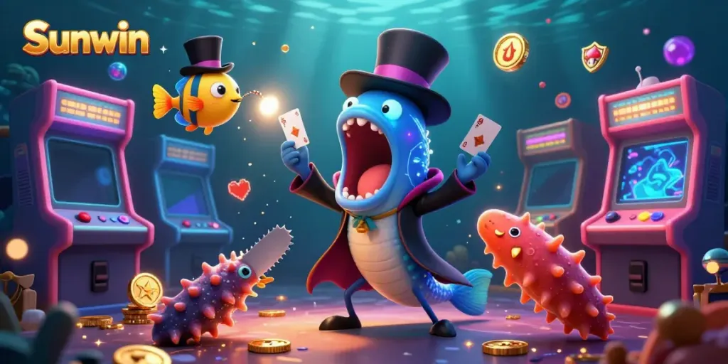 Engaging casino-themed illustration with Sunwin characters and vibrant gaming elements.