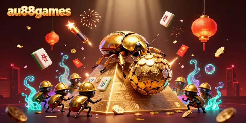 Experience thrilling gameplay with au88games, featuring vibrant 3D elements like gold coins and Mahjong in an illustrated casino setting.