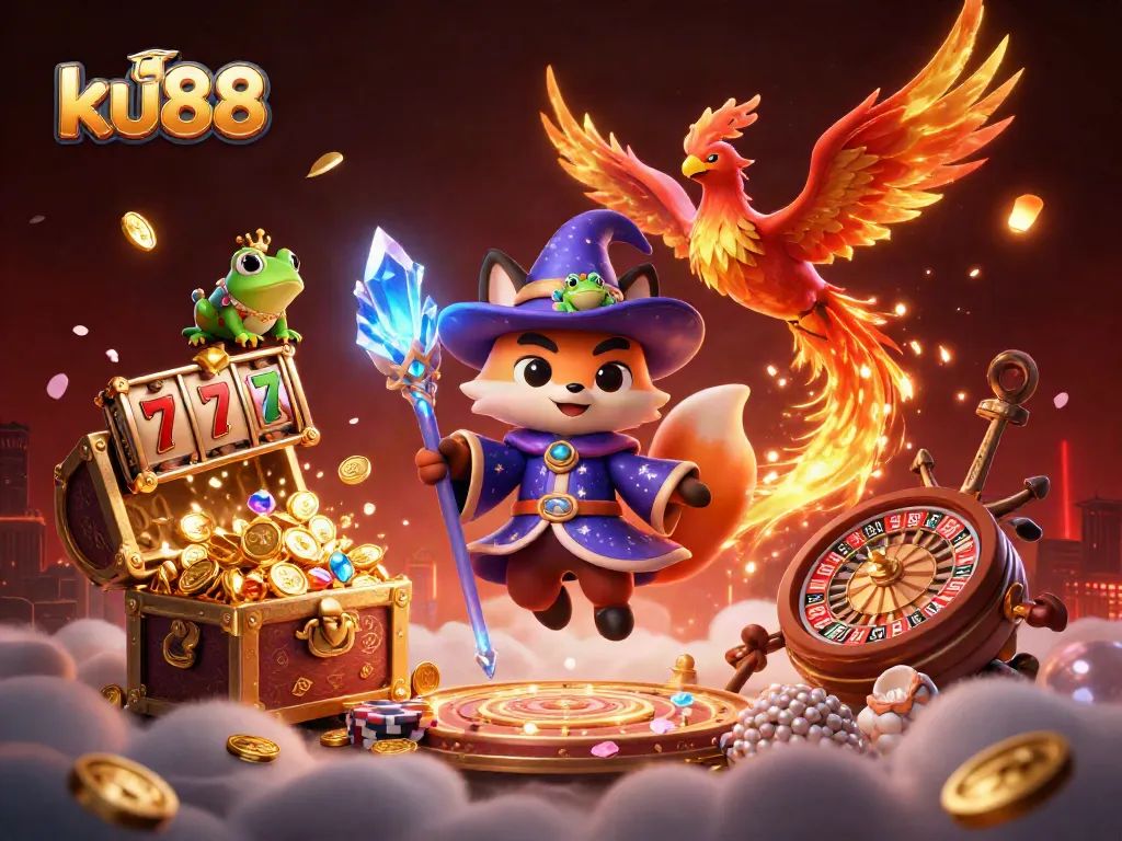 ku88 engages players with vibrant casino elements, featuring a mystical wizard and phoenix