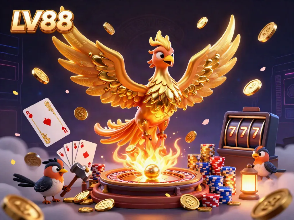 Experience the excitement of LV88 casino with a phoenix emerging from gold, surrounded by vibrant gaming elements.