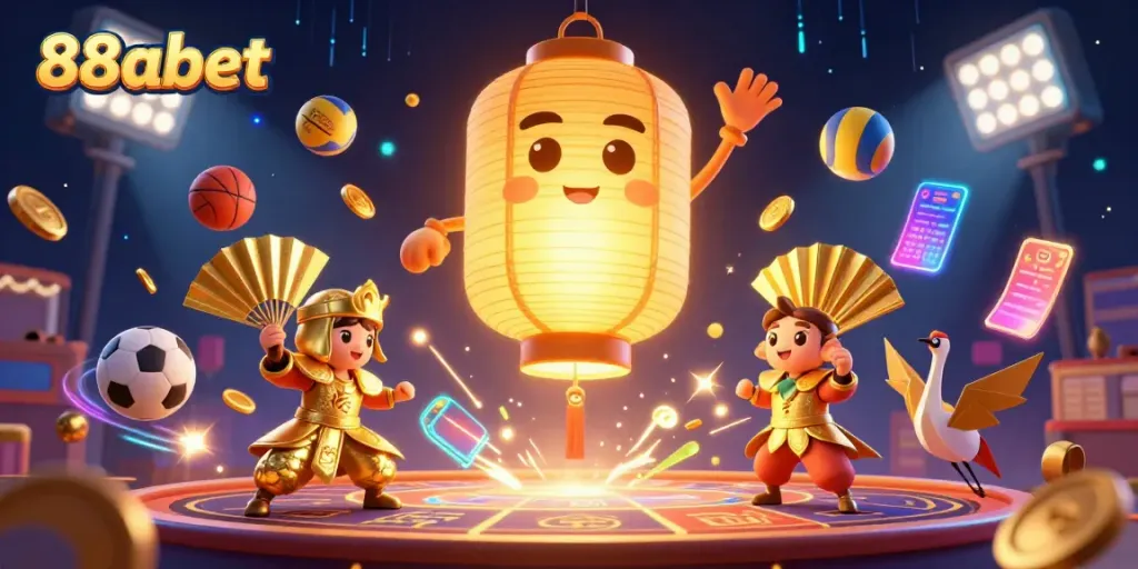 Experience the excitement of 88abet with a vibrant casino scene featuring golden lanterns and dynamic sports action.