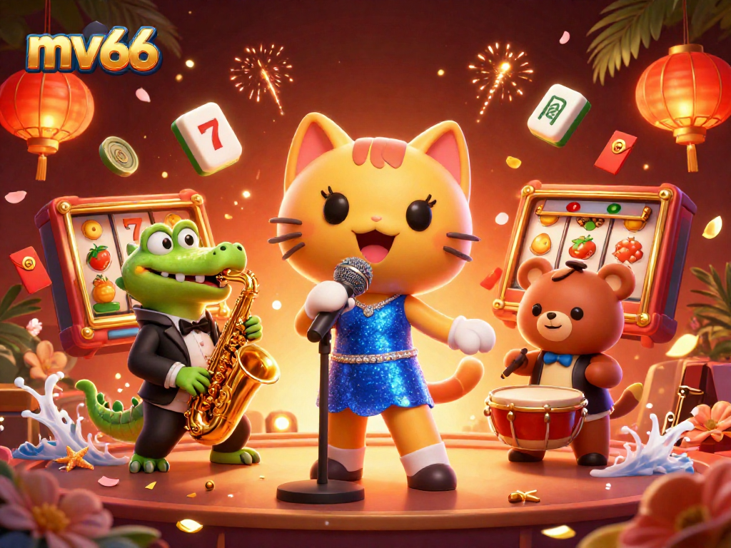 Engage with mv66 at the vibrant casino stage featuring a jazzy cat, crocodile, and bear.