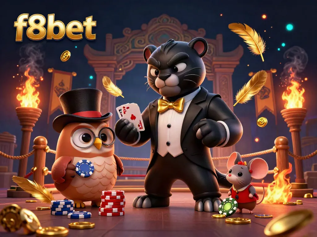Experience the thrill of f8bet with a stylish panther dealing cards, surrounded by vibrant casino elements.