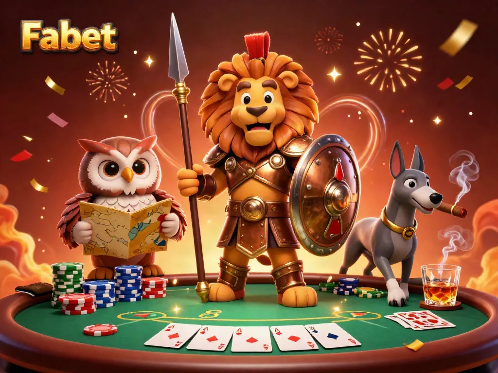 Experience excitement at Fabet with this vibrant scene of a Spartan lion surrounded by poker elements.