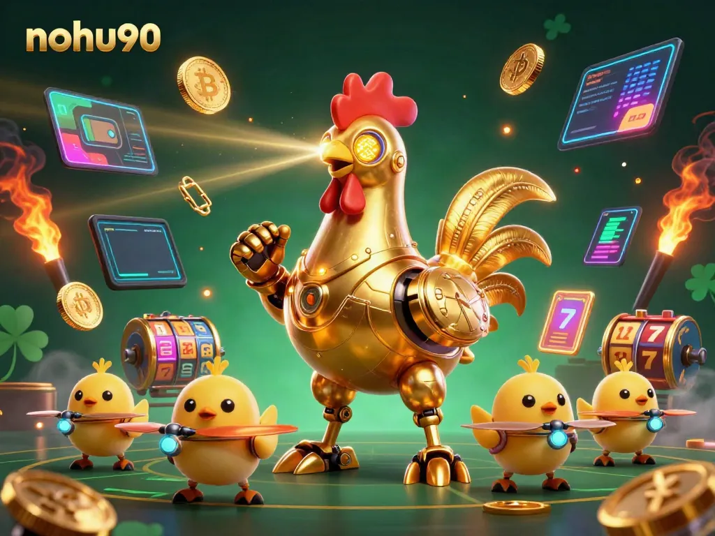 Engage in vibrant gaming action with nohu90 featuring a golden rooster robot in a high-tech casino.