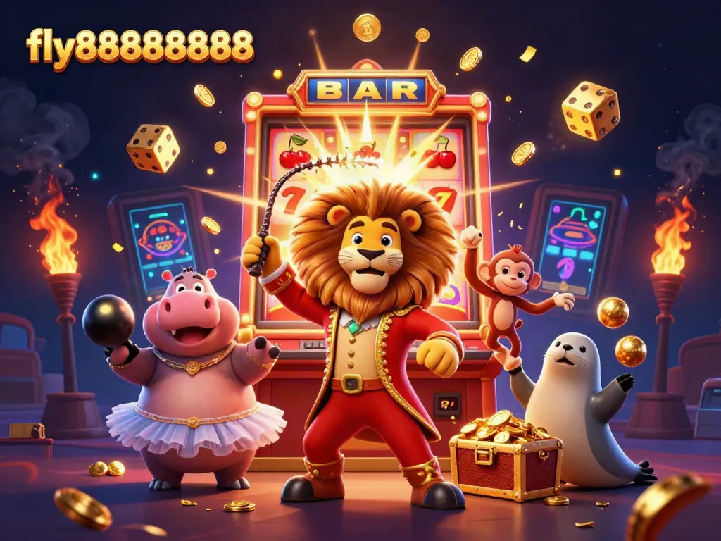 Join the excitement at fly88888888 as a lion ringmaster hosts a thrilling casino experience.