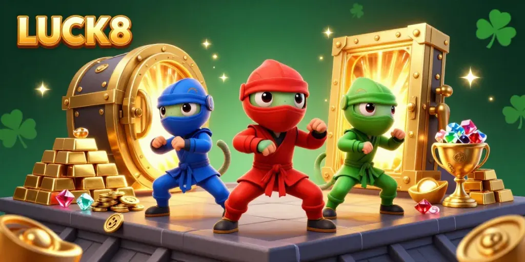 LUCK8 ninja chameleons performing martial arts amidst treasures, ideal for casino promotion.