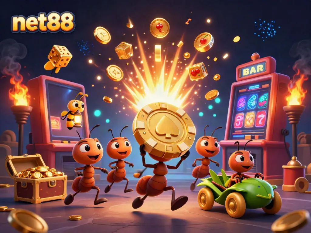 Watch the team of ants carrying a massive poker chip in net88's thrilling casino heist scene.