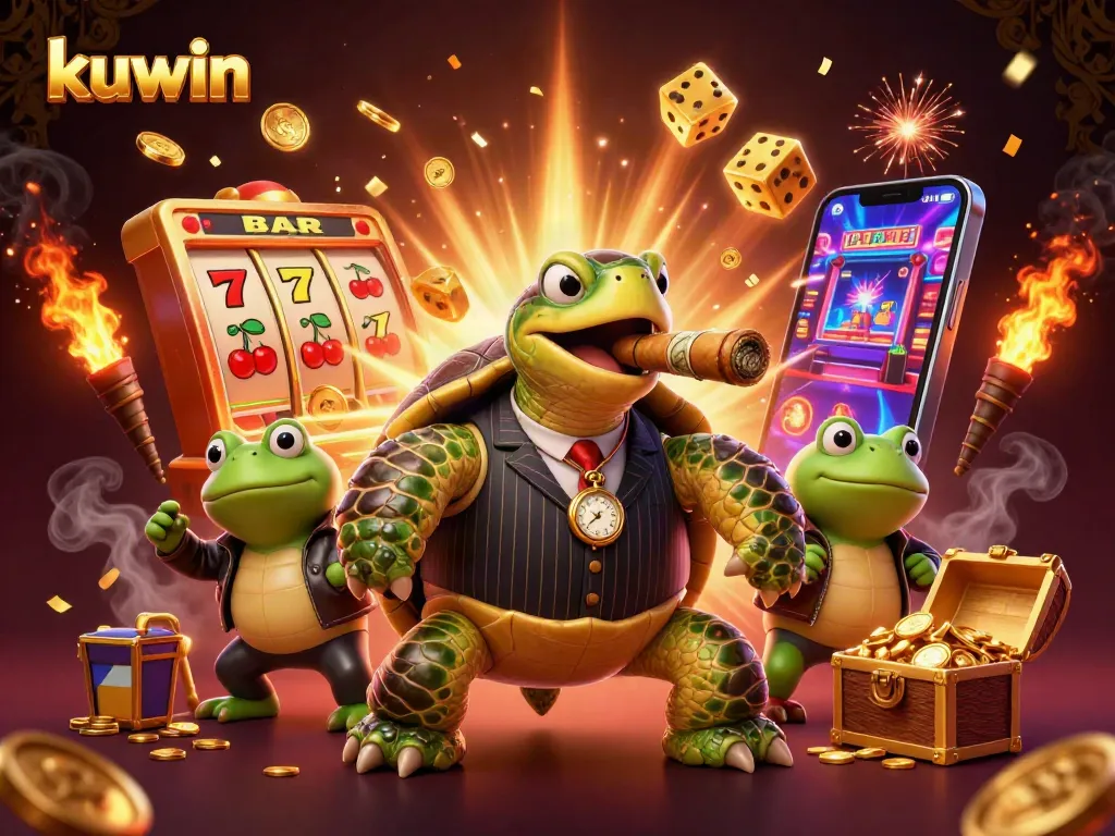 Kuwin showcases thrilling casino vibes with a turtle mobster, bullfrogs, and slot machine action.