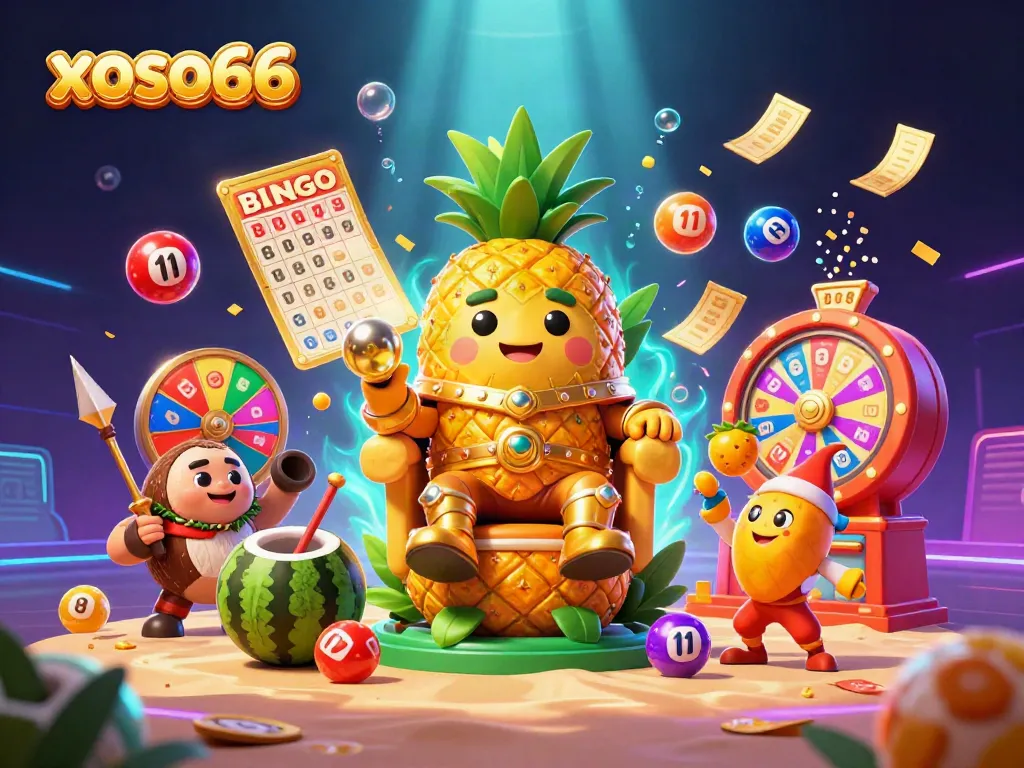 Engage with the vibrant xoso66 illustration featuring a golden pineapple king and lottery elements.